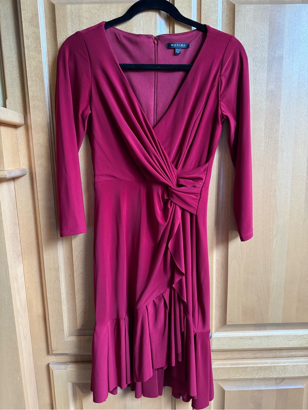 MARINA Crimson Long-Sleeve Wrap Ruffle Dress